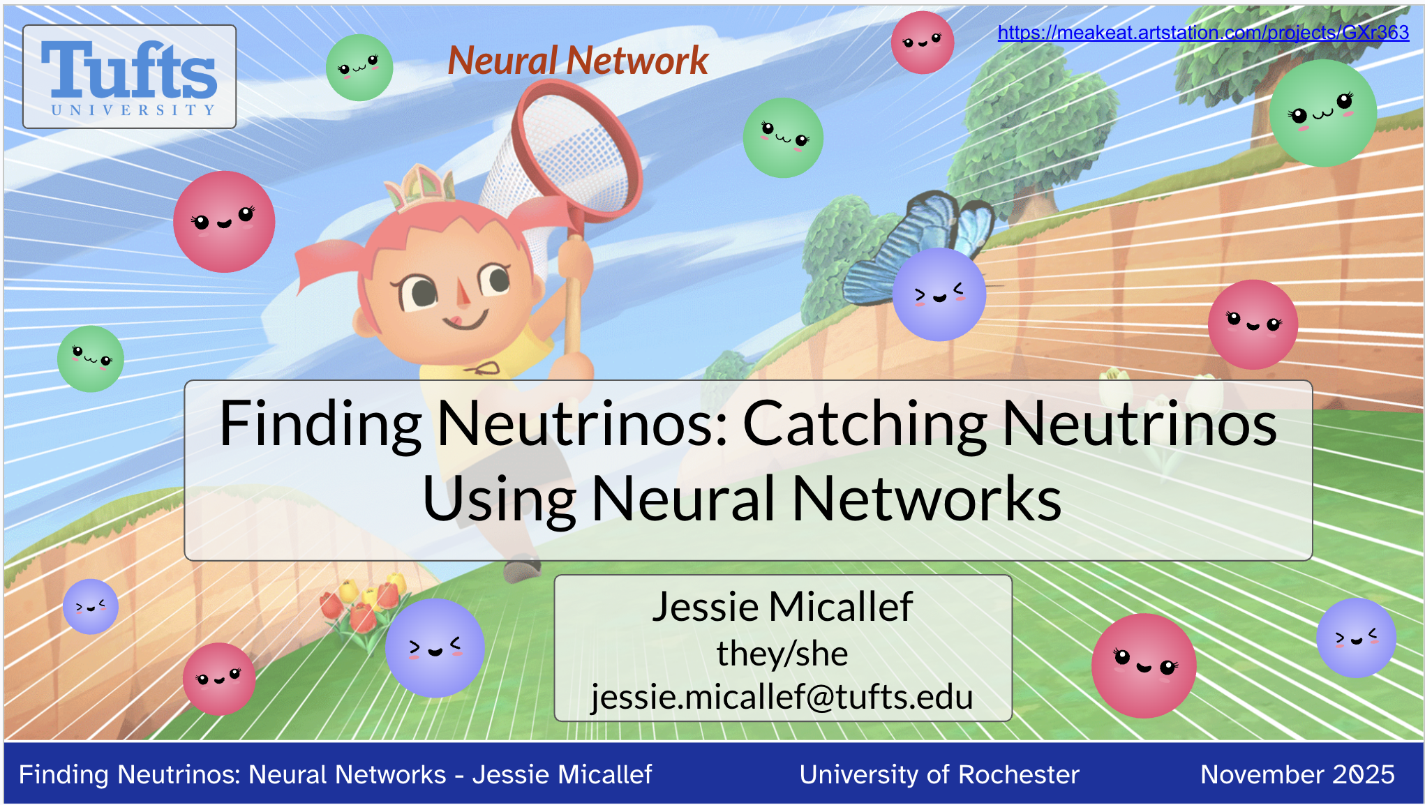 Artwork of animal crossing human using a net to catch spherical neutrinos