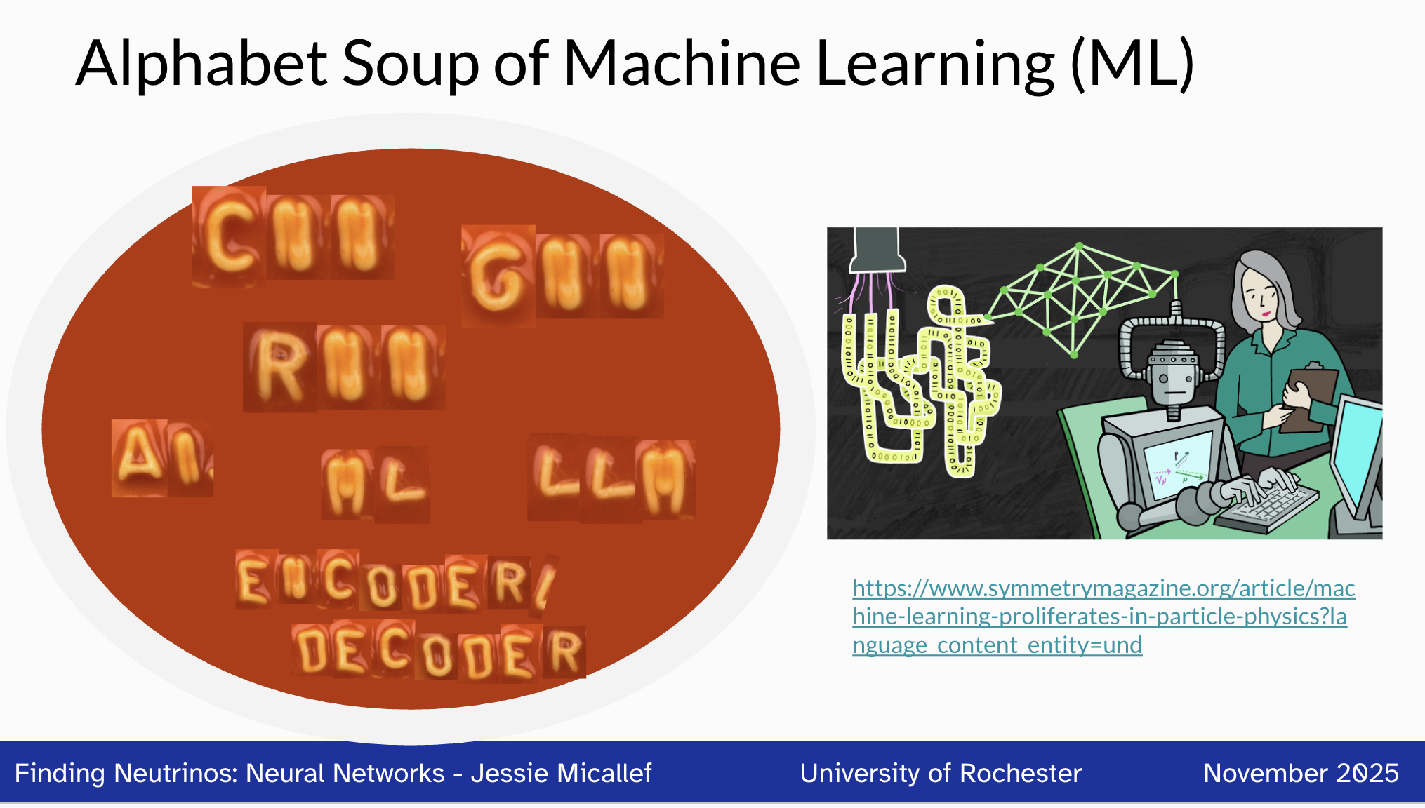 Alphebet soup noodles spelling out common machine learning acronyms such as CNN and GNN