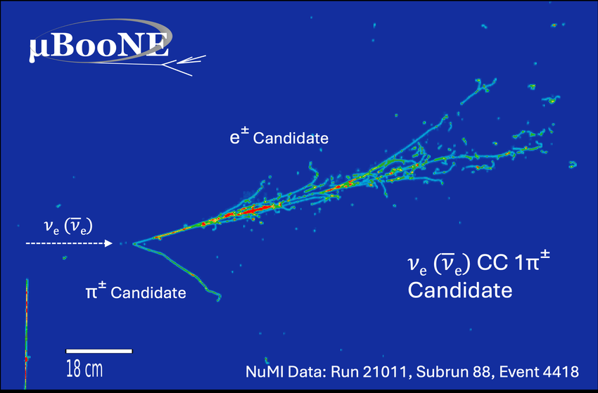 Image of candiate electron neutrino interaction in MicroBooNE, which is a 2D image