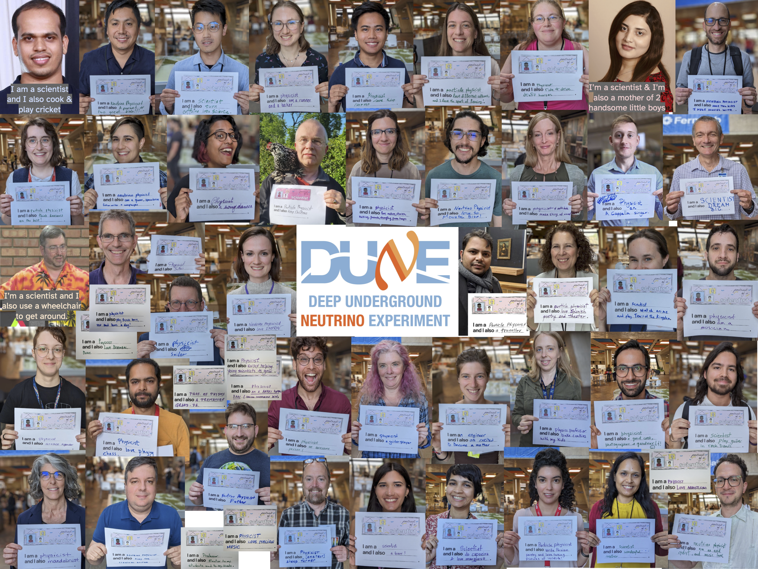 Collage of scientists part of the Deep Underground Neutrino Experiment holding a sign they have filled out saying they are physicists and also other ideneities and have other hobbies