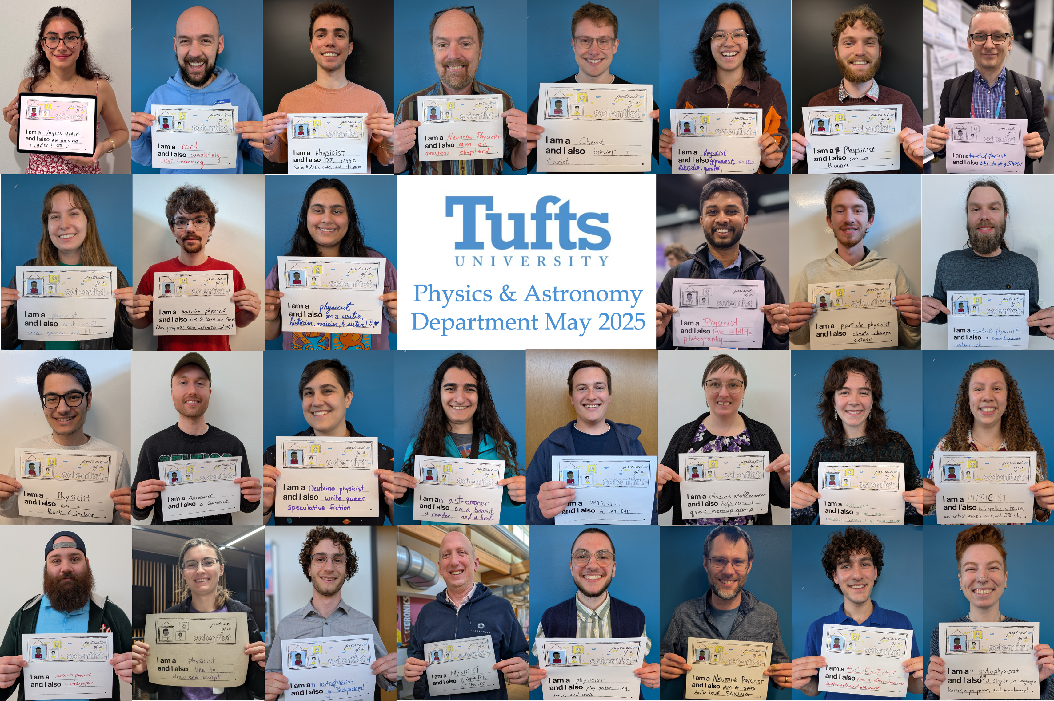 Collage of students and professors at Tufts University in the Physics Department holding signs with their job or research interest and also other identitites