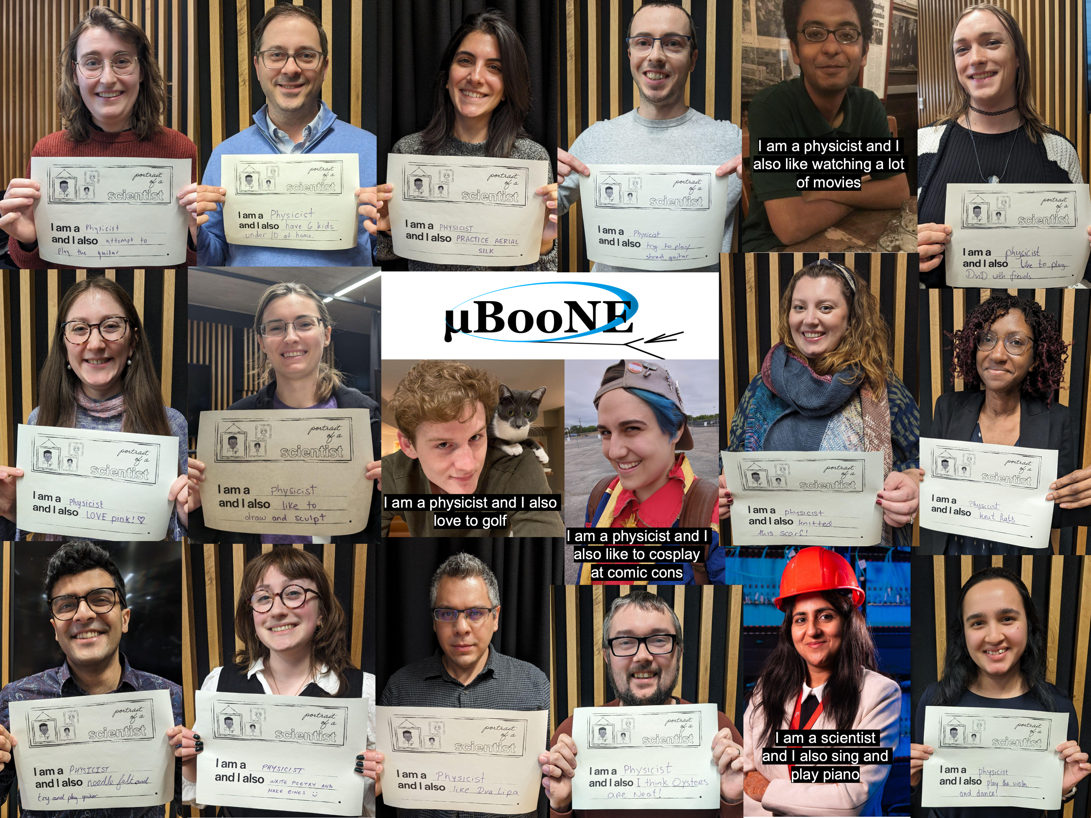 Collage of scientists from the MicroBooNE collaboration holding a sign they have filled out saying they are physicists and also other ideneities and have other hobbies