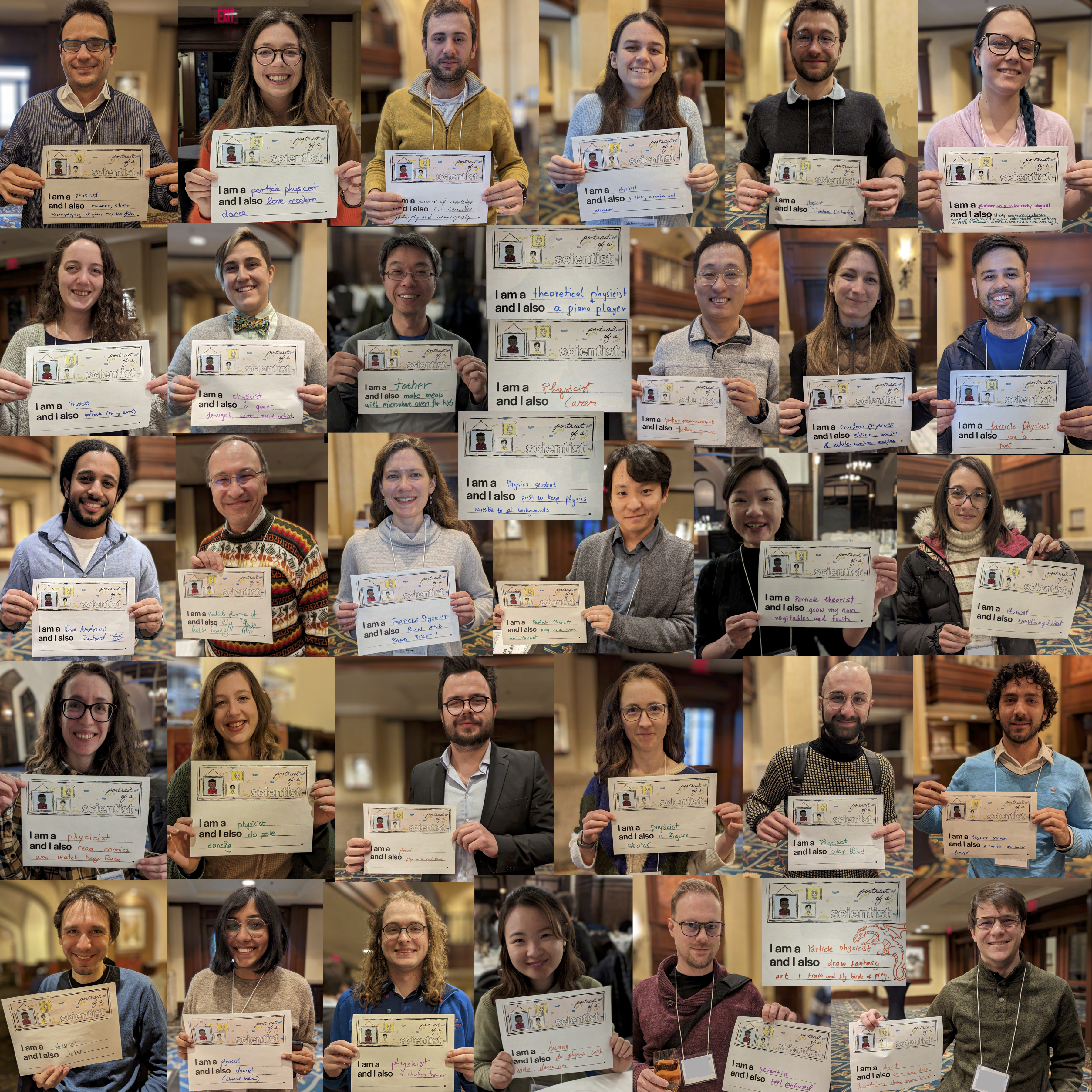 Collage of physicists holding a sign they have filled out saying they are physicists and also other ideneities and have other hobbies